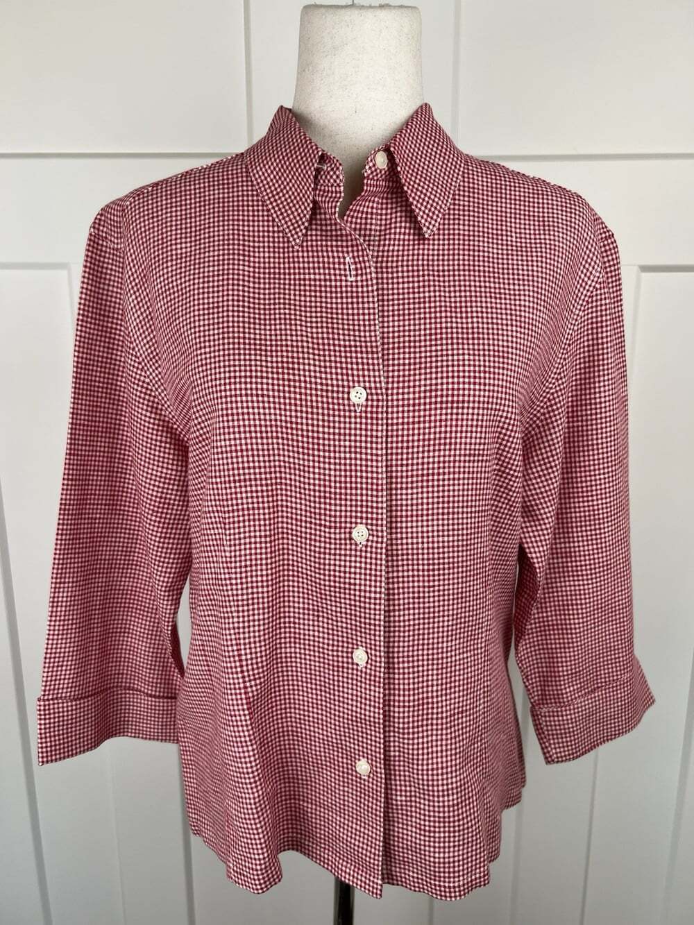 Talbots Women M Linen Cotton Gingham Shirt Red White Button Front 3/4 Sleeve